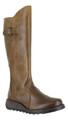 Fly London Mol 2 Women's Zip-Up Leather Wedge Knee High Leg Boots, tan leather boot with a side zipper and ankle strap buckle, featuring a wedge heel and rugged sole for casual and stylish wear.