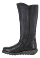 FLY London Mol 2 Womens Zip-Up Leather Wedged Knee High Leg Boots, black textured leather knee-high boots with side zipper and wedged sole.