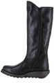 Fly London Mol 2 Womens Zip-Up Leather Wedged Knee High Leg Boots, black leather knee-high boots with side zipper and wedge heel, stylish and comfortable for casual or formal wear.