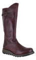 FLY London Mol 2 Womens Zip-Up Leather Wedged Knee High Leg Boots, burgundy leather knee-high boots with a wedge heel and a side zipper for easy wear.