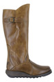 FLY London FLY London Mol 2 Women's Zip-Up Leather Wedge Knee High Leg Boots, tan leather knee-high boots with zipper and buckle details, rugged rubber sole for comfort and style.