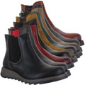 Fly London Salv Women's Wedge Heeled Chelsea Leather Ankle Boots, stylish leather ankle boots with wedged heels in various colors, featuring pull-on design with elastic side panels for easy wear.