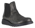 Fly London Salv Womens Wedged Heeled Chelsea Leather Ankle Boots, black leather boots with a textured finish and elastic side panels for easy slip-on wearing.