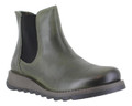 Fly London Salv Womens Wedged Heeled Chelsea Leather Ankle Boots, olive green leather ankle boot with black elastic side panels and a rugged wedge sole.