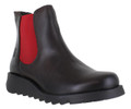 Fly London Salv Womens Wedged Heeled Chelsea Leather Ankle Boots, black leather ankle boots with red elastic side panels and durable rubber sole.