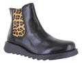 Fly London Salv Womens Wedges Chelsea Leather Ankle Boots, black leather ankle boots with leopard print elastic sides and wedged heel.