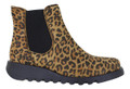 Fly London Salv Womens Wedged Heeled Chelsea Leather Ankle Boots, image of leopard print ankle boot with black elastic side panels and a thick black wedge sole.