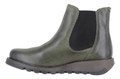 FLY London Salv Womens Wedged Heeled Chelsea Leather Ankle Boots, a stylish olive green leather ankle boot with a black elastic side panel and rubber sole.