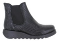 Fly London Salv Womens Wedged Heeled Chelsea Leather Ankle Boots, black leather ankle boots with a textured crocodile pattern and slip-on design.