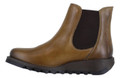 FLY London Salv Womens Wedged Heeled Chelsea Leather Ankle Boots, brown leather ankle boot with black elastic side panels and a thick wedged sole.
