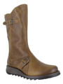 Fly London Mes 2 Womens Wedge Heel Leather Buckle Mid-Calf Boots, tan leather mid-calf boots with decorative buckles and a sturdy wedge heel.