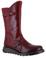 FLY London Fly London Mes 2 Womens Wedge Heel Leather Buckle Mid-Calf Boots, stylish red leather boots with buckle accents and wedge heel.