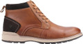 Hush Puppies Dean Mens Leather Smart Casual Chukka Ankle Boots, stylish brown leather footwear with black accents and comfortable rubber sole.