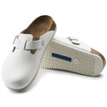 Birkenstock Boston BS Super Grip Mens Work Nurse Kitchen Shoes - Regular Width, white slip-on clogs with adjustable strap and textured outsole for enhanced grip and comfort.