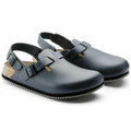 Birkenstock Tokio Super Grip Mens SRA Work Kitchen Garden Shoes, gray slip-on sandals with adjustable straps and cushioned cork footbed for comfort.