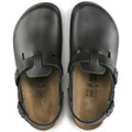 Birkenstock Tokio Super Grip Mens SRA Work Kitchen Garden Shoes, front view of black slip-on clogs with adjustable straps and buckle, featuring a cushioned footbed designed for comfort and durability.