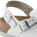Birkenstock Tokio Super Grip Mens SRA Work Kitchen Garden Shoes - Regular Width, close-up view showing white leather upper, silver buckle, and cushioned footbed for durable comfort and slip-resistant sole.
