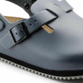 Birkenstock Tokio Super Grip Mens SRA Work Kitchen Garden Shoes - Regular Width, close-up of grey slip-on shoe with adjustable black buckle strap and textured sole.