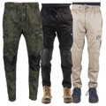Caterpillar Dynamic Men Cargo Slim-Fit Stretch Work Trousers - 30/32, three pairs of men's cargo slim-fit stretch work trousers in camouflage, black, and beige colors, with multiple pockets and reinforced knee areas, worn with work boots.