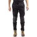 Caterpillar Dynamic Men Cargo Slim-Fit Stretch Work Trousers - 30/32, black cargo work pants with multiple pockets and slim-fit cut, worn with tan work boots.