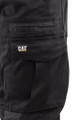 Caterpillar Dynamic Men Cargo Slim-Fit Stretch Work Trousers - 30/32, close-up of black work trousers with multiple cargo pockets and CAT logo patch.