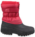 Cotswold Chase Womens Stable Yard Winter Snow Zip Boots Wellies, red waterproof winter snow boots with black rubber sole and quilted padded upper design.
