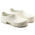 Birkenstock A640 Mens Steel Toe SB Work Kitchen Cloggs Shoes - Regular Width, white slip-on safety shoes with steel toe protection, cushioned interior, and rugged slip-resistant soles.