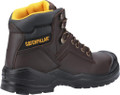 Caterpillar Striver Bump Cap Mens Safety Steel Toe/Midsole S3 Boots, brown high-ankle work boots with black sole and yellow padded collar for safety and comfort.