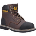 Caterpillar PowerPlant Bump Cap Mens Steel Toe/Midsole S3 Safety Boots, sturdy brown work boot with black toe cap, yellow CAT logo, and rugged sole for industrial safety.