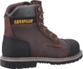 Caterpillar PowerPlant Bump Cap Mens Steel Toe/Midsole S3 Safety Boots, brown leather work boot with steel toe, reinforced heel, and slip-resistant sole.