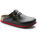 Birkenstock Kay Super Grip Mens SRA Work Kitchen Garden Shoes - Regular Width, black slip-on shoes with dual adjustable straps and a textured leather upper, featuring a cushioned cork footbed, anti-slip sole, ideal for work and garden use.