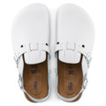 Birkenstock Kay Super Grip Mens SRA Work Kitchen Garden Shoes - Regular Width, front view of white sandals with adjustable buckles and brown footbeds.