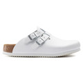 Birkenstock Kay Super Grip Mens SRA Work Kitchen Garden Shoes - Regular Width, white clog-style work shoe with adjustable silver buckles and cork footbed for comfort and grip.