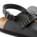 Birkenstock Kay Super Grip Mens SRA Work Kitchen Garden Shoes - Regular Width, close-up of black sandal with adjustable straps and textured footbed suitable for work and outdoor activities.