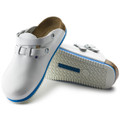 Birkenstock Kay Super Grip Mens SRA Work Kitchen Garden Shoes - Regular Width, white slip-on clogs with adjustable strap and textured sole for enhanced grip.