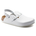 Birkenstock Kay Super Grip Mens SRA Work Kitchen Garden Shoes - Regular Width, white slip-on clogs with adjustable straps, cork footbed, and slip-resistant sole for work and gardening.