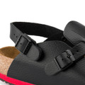 Birkenstock Kay Super Grip Mens SRA Work Kitchen Garden Shoes - Regular Width, close-up of black sandal with adjustable buckle straps and textured footbed for slip resistance and comfort.