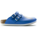 Birkenstock Kay Super Grip Womens SRA Work Kitchen Garden Shoes - Narrow Width, blue slip-on clogs with dual buckle straps and printed design on the front, featuring a cork footbed and slip-resistant sole.