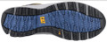Caterpillar Elmore Mens Safety Steel Toe/Midsole S1P Work Trainers, bottom view of the shoe's sole showing durable slip-resistant tread pattern in black, gray, and blue with Caterpillar branding.