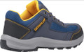 Caterpillar Elmore Mens Safety Steel Toe/Midsole S1P Work Trainers, blue and yellow safety work shoes with steel toe protection and slip-resistant sole.