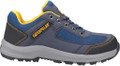 Caterpillar Elmore Mens Safety Steel Toe/Midsole S1P Work Trainers, blue and gray safety work shoes with yellow accents and slip-resistant sole.