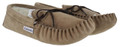 Lambretta Mens British Handmade Leather Paisley Lined Moccasin Slippers, close-up of beige moccasin slippers with brown laces and soft paisley lining visible inside.
