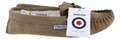 Lambretta Mens British Handmade Leather Paisley Lined Moccasin Slippers, close-up of the tan moccasin slippers with tags highlighting craftsmanship and design.