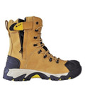 Amblers Safety Amblers FS998 Mens Safety Side Zip Composite Toe/Midsole S3 Work Boots, side view of tan work boot with black toe cap and yellow logo tab, rugged sole, and side zipper for easy wear.