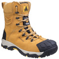 Amblers Safety Amblers FS998 Mens Safety Side Zip Composite Toe/Midsole S3 Work Boots, yellow waterproof safety boots with black toe cap, side zipper, and rugged outsole for industrial safety.
