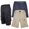 Himalayan Mens Basic Work Trade Cargo Pockets Shorts, image displaying three pairs of cargo shorts in black, navy blue, and beige colors with multiple pockets and durable fabric.