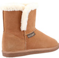 Hush Puppies Ashleigh Womens Real Suede Faux Fur Pull On Slipper Bootie, cozy tan slipper boot with plush white faux fur trim and a soft, textured sole.