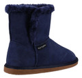 Hush Puppies Ashleigh Womens Real Suede Faux Fur Pull On Slipper Bootie, navy blue winter slipper boot with plush faux Fur lining and slip-resistant rubber sole.