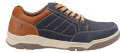 Hush Puppies Finley Mens Casual Lace Up Smart Leather Shoes, brown and navy leather sneaker with beige laces and a comfortable white and beige outsole.