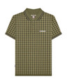 Lambretta All Over Geometric Mens Smart Classic Retro Polo Shirt, olive green polo shirt with black and white striped collar and sleeves, featuring all-over geometric pattern and Lambretta branding logo.